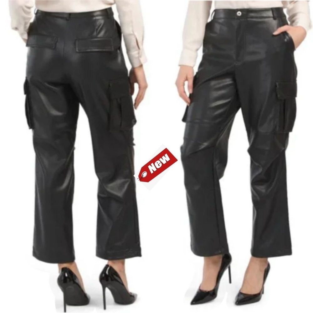 7 For All Mankind black faux leather pleather cargo pants drawstring ankle NWT